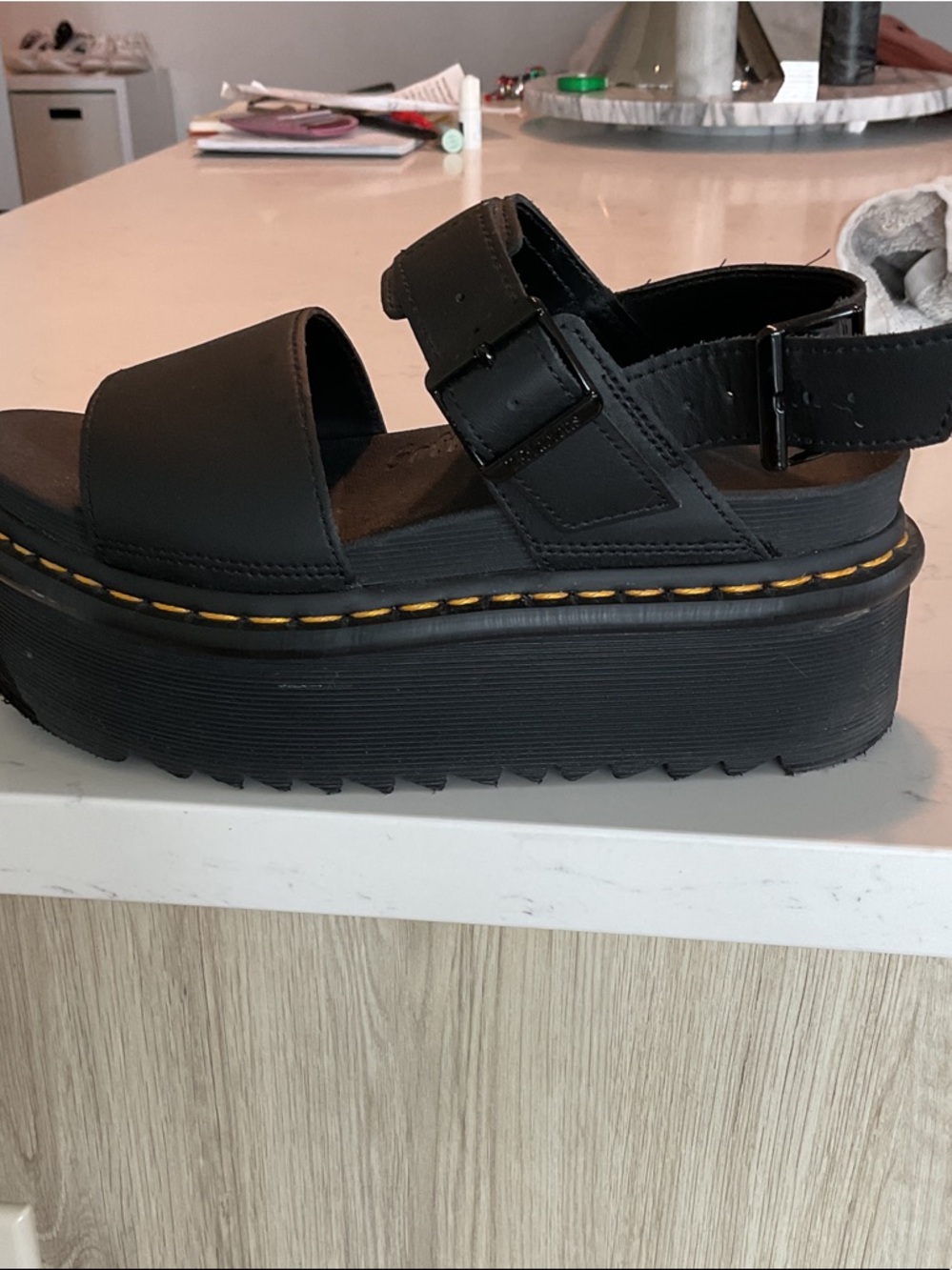 Dr. Martens Black Platform Buckle Sandals with Yellow Stitching - Picture 4 of 5